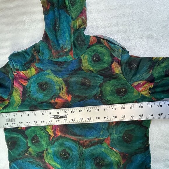 Women's Blue Green Floral Print Turtleneck Long Sleeve Mesh Top Casual - Picture 5 of 6